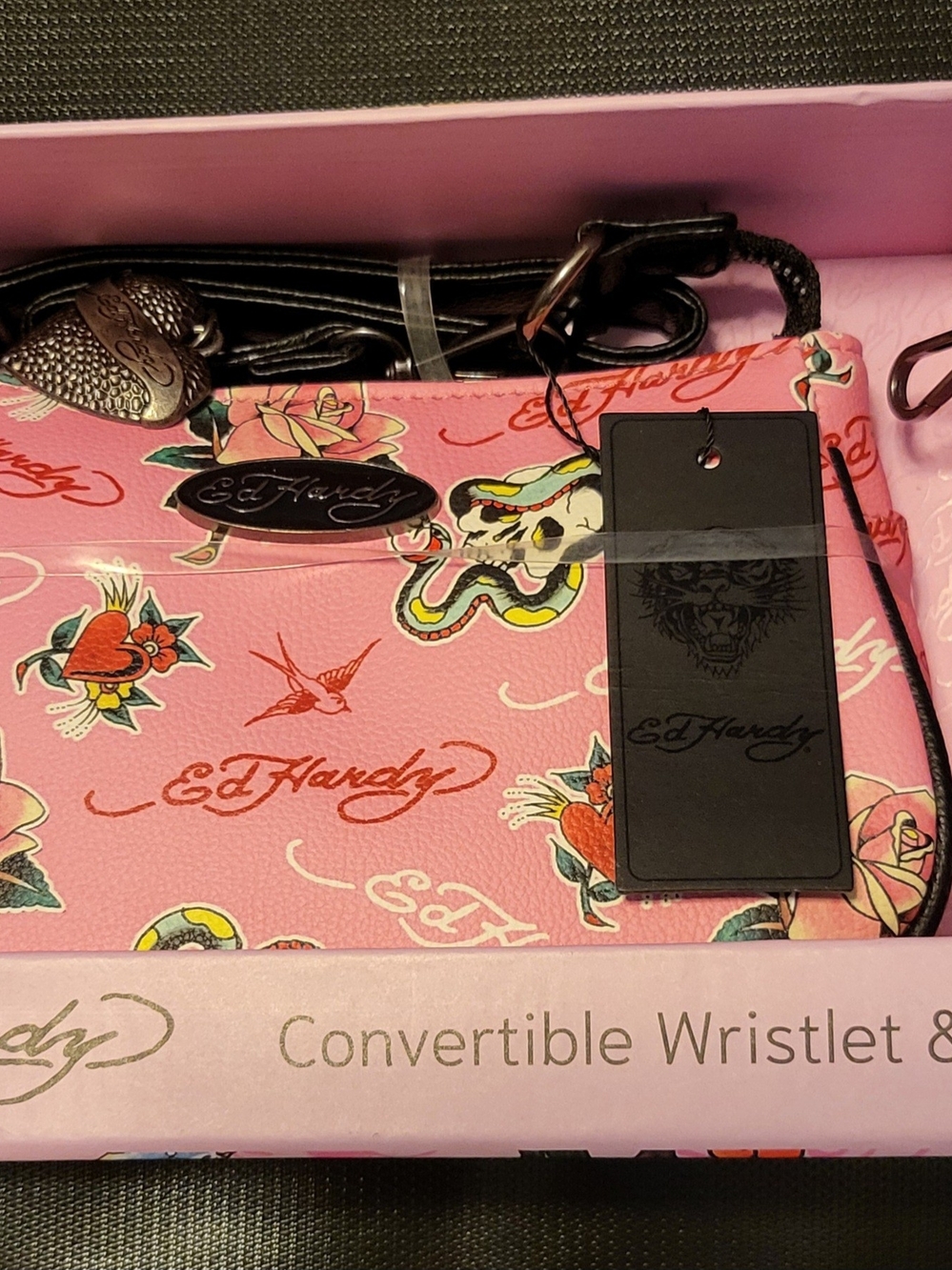 Ed Hardy Pink Convertible Wristlet/Shoulder Bag